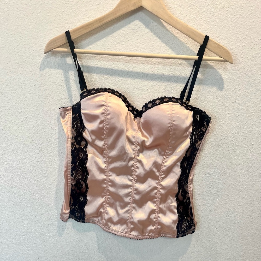 Frederick's of Hollywood Pink Satin and Black Lace Bustier vintage